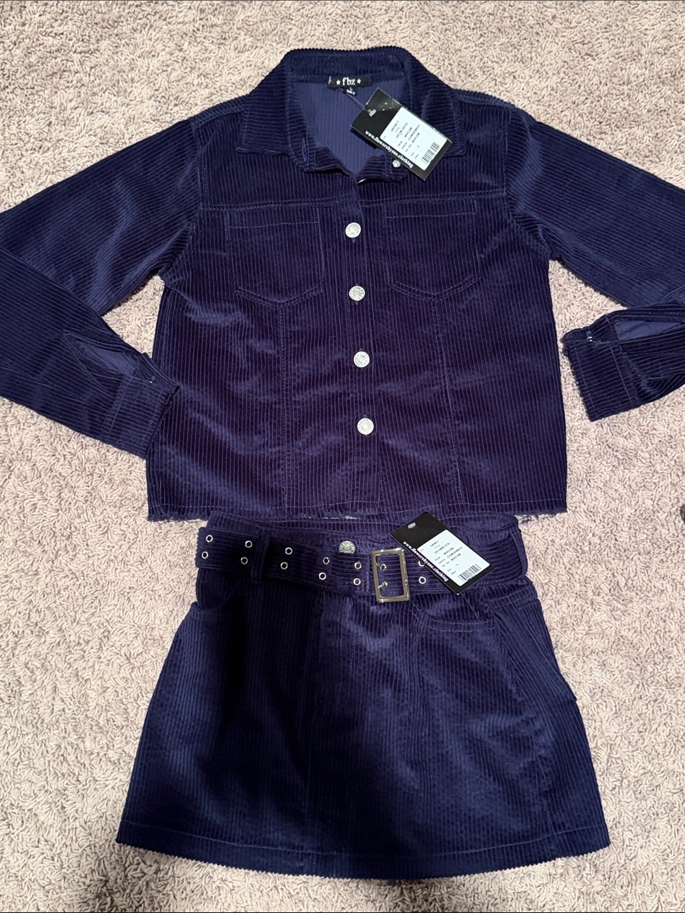 FBZ flowers by zoe navy cord shirt jacket & skirt set girls tween L large 10-12